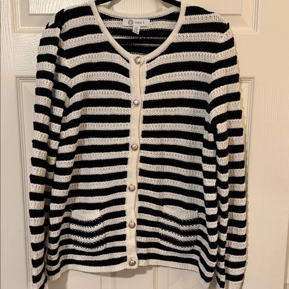 Women's Black & White Striped Button-Front Cardigan